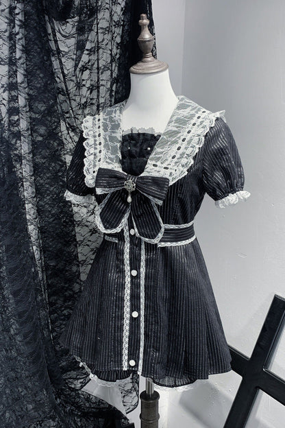 Black [Serenade] Short Sleeves Ruffle Bowknot Lace Sweet Jirai Kei Dress Set