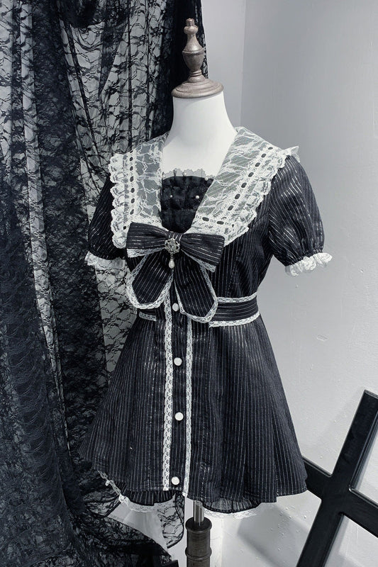 Black [Serenade] Short Sleeves Ruffle Bowknot Lace Sweet Jirai Kei Dress Set