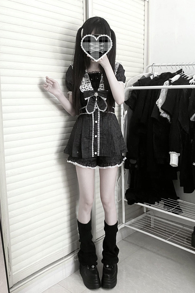 Black [Serenade] Short Sleeves Ruffle Bowknot Lace Sweet Jirai Kei Dress Set