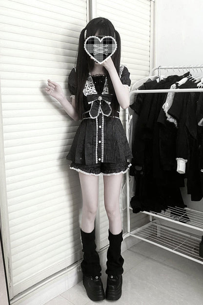 Black [Serenade] Short Sleeves Ruffle Bowknot Lace Sweet Jirai Kei Dress Set
