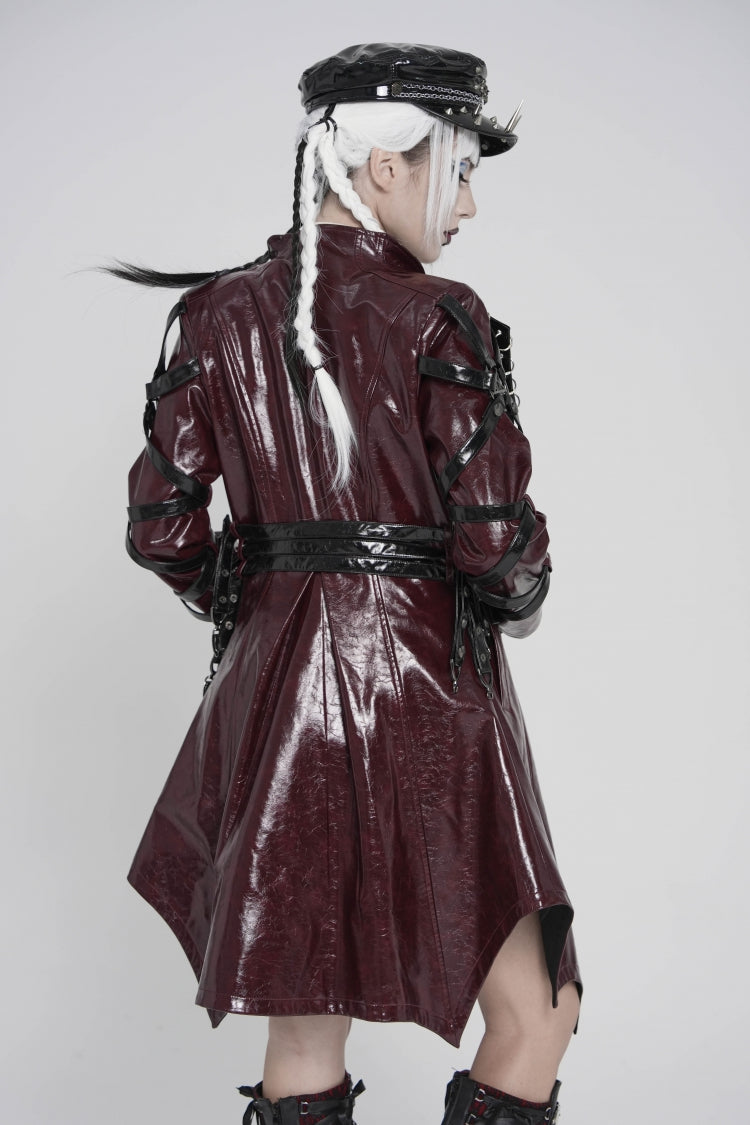 Red Lapel Collar Long Sleeves Lace-Up Irregular Eyelets & Rings Women's Punk Coat