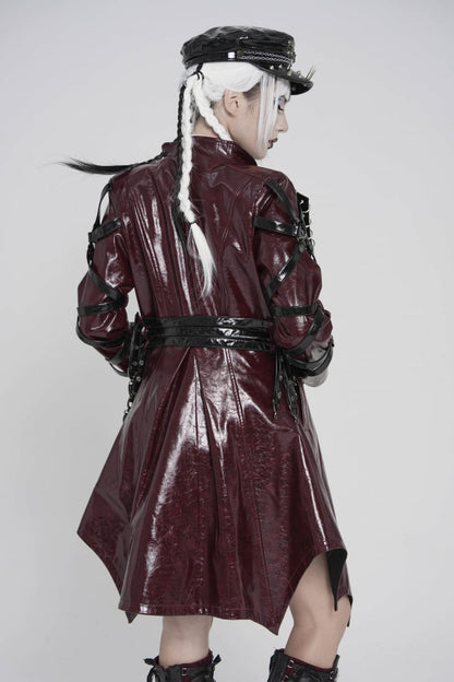 Red Lapel Collar Long Sleeves Lace-Up Irregular Eyelets & Rings Women's Punk Coat