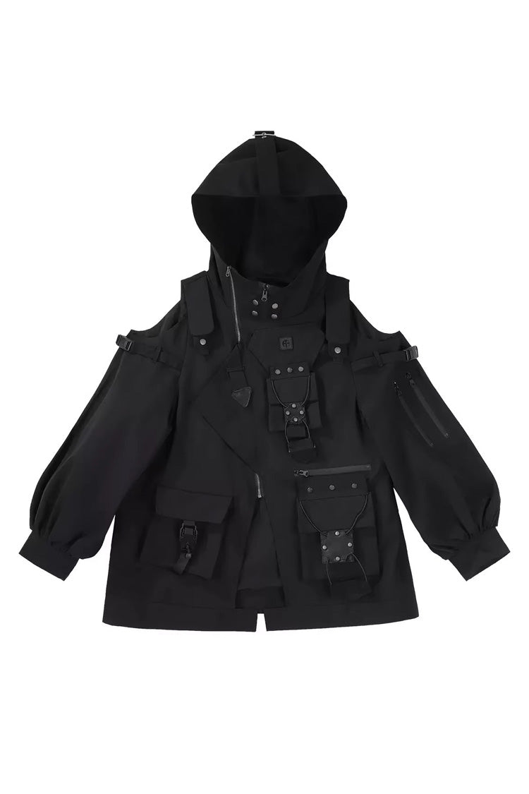 Black Techwear Long Sleeves Hooded Zippered Ouji Gothic Cool Lolita Set