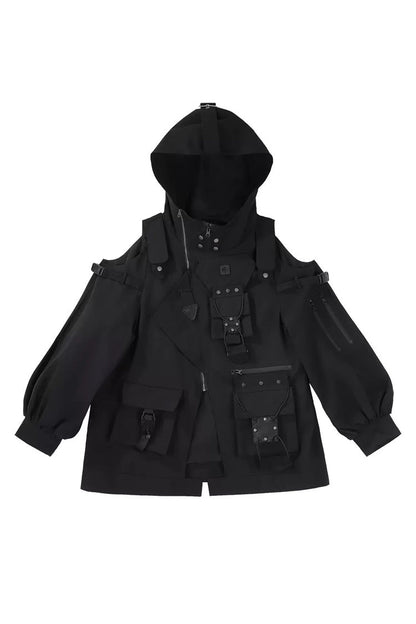 Black Techwear Long Sleeves Hooded Zippered Ouji Gothic Cool Lolita Set