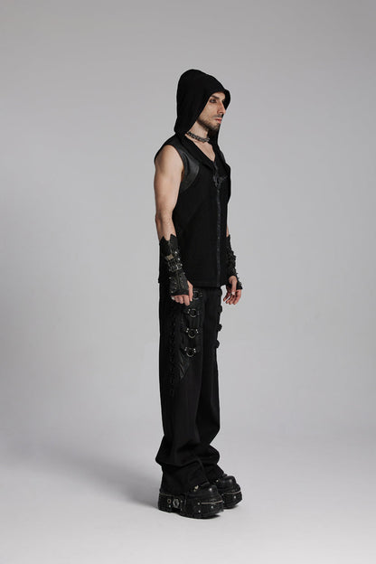 Black V Collar Sleeveless Hooded Mesh Eyelets Men's Punk Vest