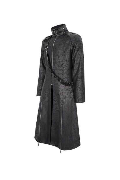 Black Stand Collar With Strap Split At The Hem Long Men's Gothic Coat