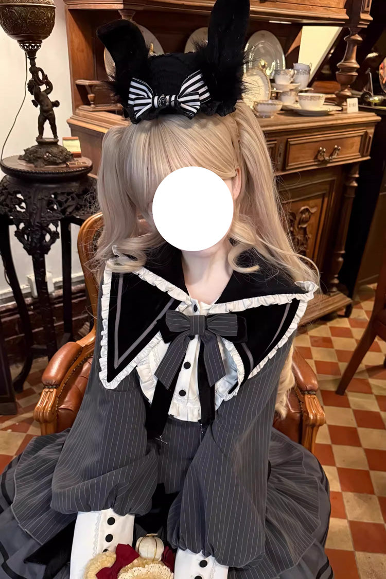 Black [Bizarre Rabbit Opera] Navy Collar Long Sleeves Print Ruffle Bowknot Gothic Lolita Dress