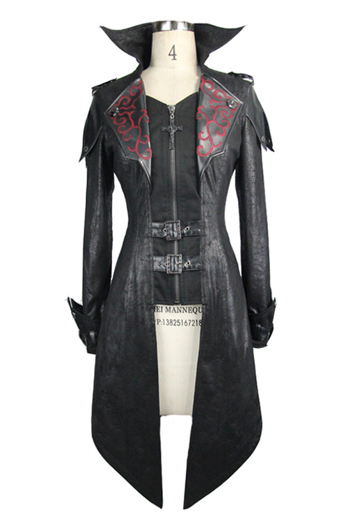 Black Punk Burnt Out Applique Hooded Womens Leather Coat
