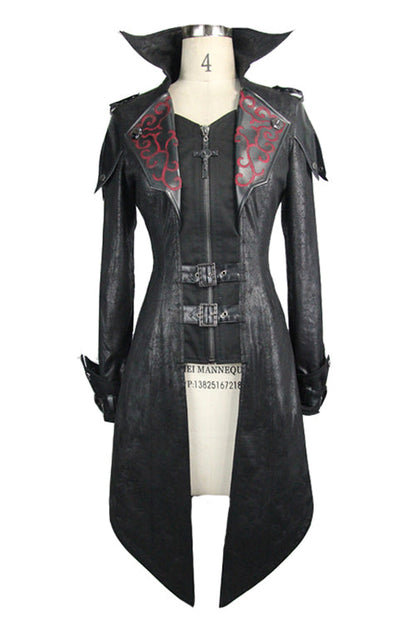 Black Punk Burnt Out Applique Hooded Womens Leather Coat