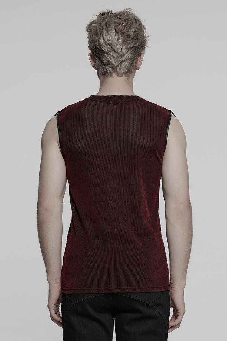 Black/Red Round Collar Sheer Mesh Color Matching Rivet Men's Punk Vest