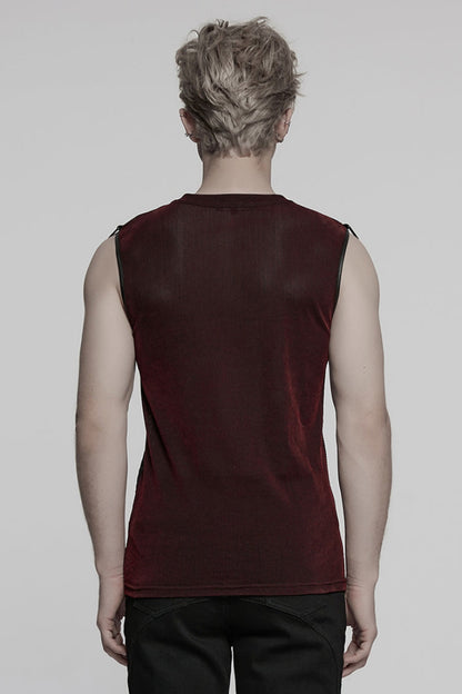Black/Red Round Collar Sheer Mesh Color Matching Rivet Men's Punk Vest