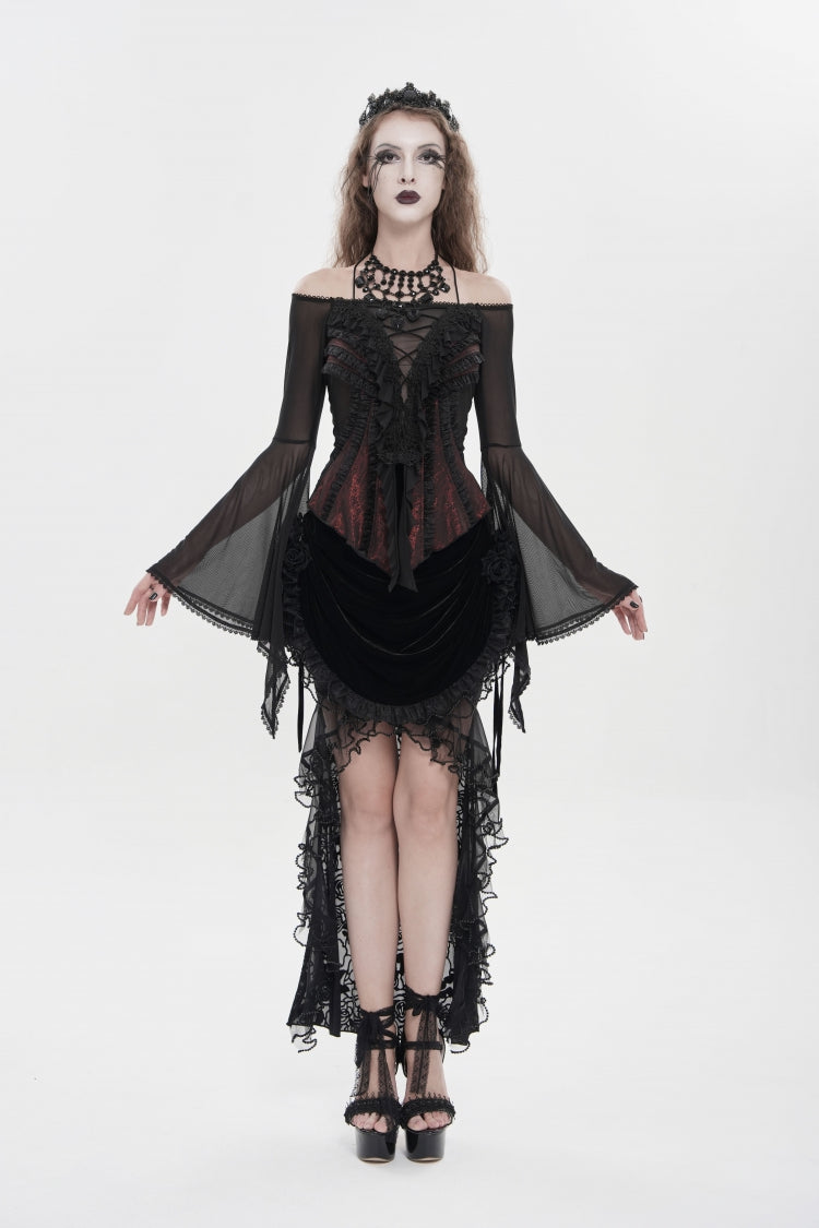 Black/Red Off Shoulder Long Trumpet Sleeves Ruffled Embroidered Lace-Up Women's Gothic Blouse