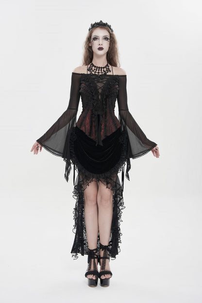 Black/Red Off Shoulder Long Trumpet Sleeves Ruffled Embroidered Lace-Up Women's Gothic Blouse