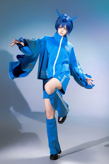 Blue [Network Error] Stand Collar Long Trumpet Sleeves Ouji Gothic Functional Style Japanese Prince Lolita Coat Shorts Set