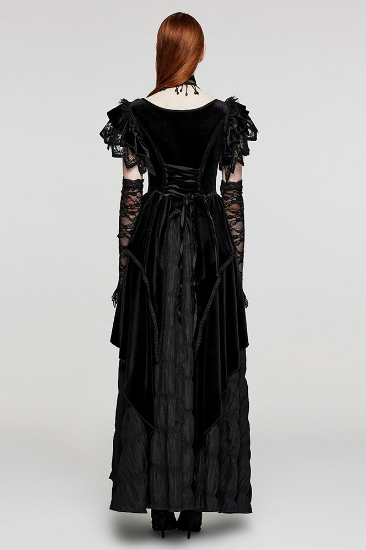 Black V Collar Ruffle Lace Women's Gothic Dress with Oversleeves