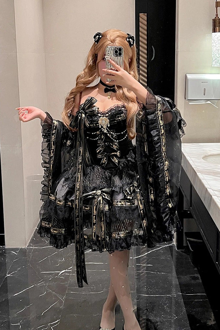 Black [Golden Obsidian Night] Sleeveless Double-Layered Ruffle Bowknot Pearl Gothic Princess Lolita Dress