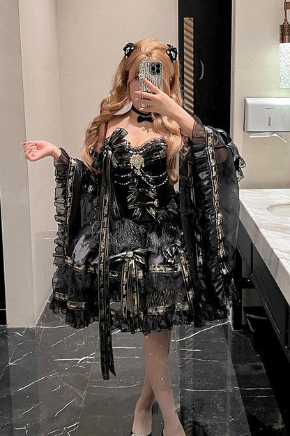 Black [Golden Obsidian Night] Sleeveless Double-Layered Ruffle Bowknot Pearl Gothic Princess Lolita Dress