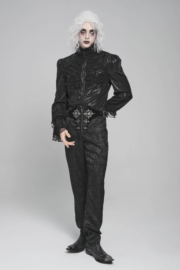 Black Stand Collar Long Puff Sleeves Embroidery Stitching Lace Men's Gothic Blouse
