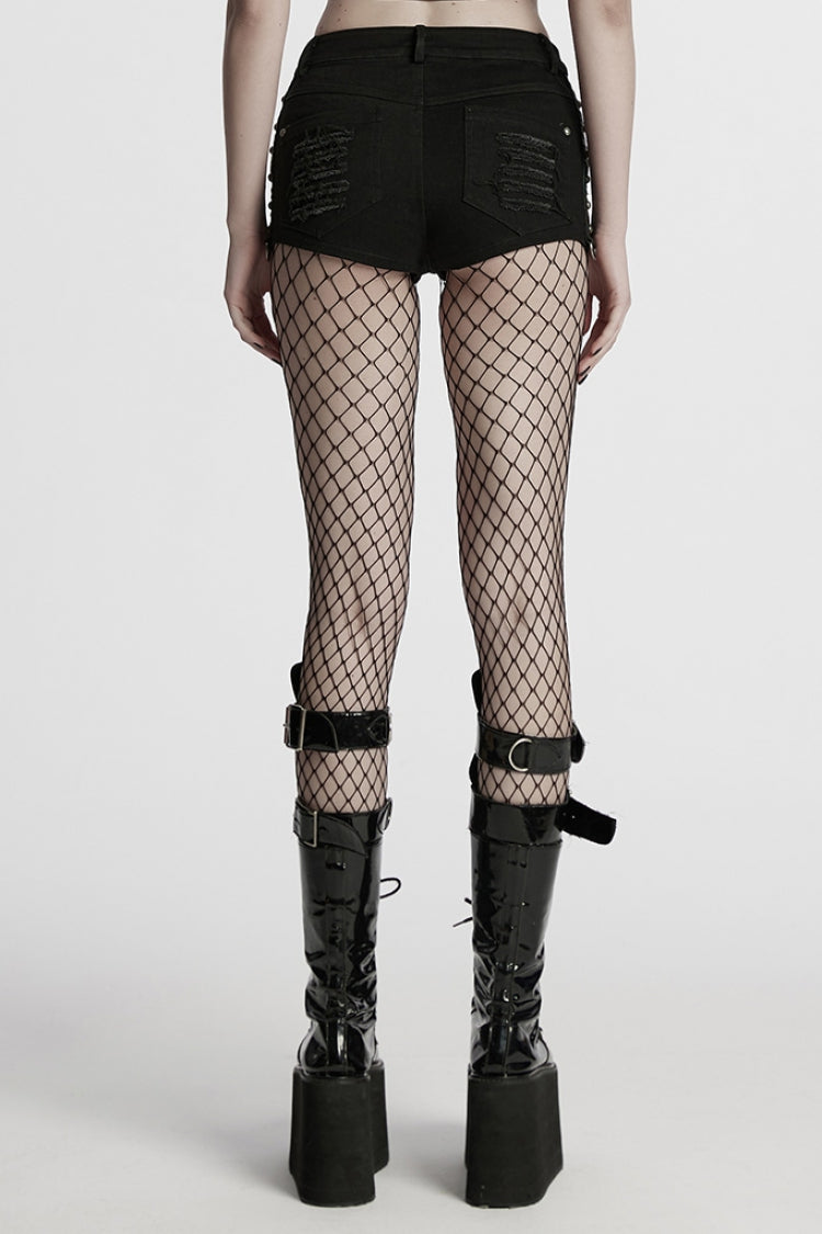 Black Stitching Mesh Distressed Women's Punk Shorts