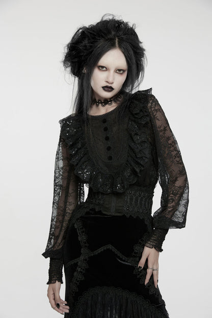 Black Round Collar Long Lantern Sleeves Ruffle Lace Women's Gothic Blouse