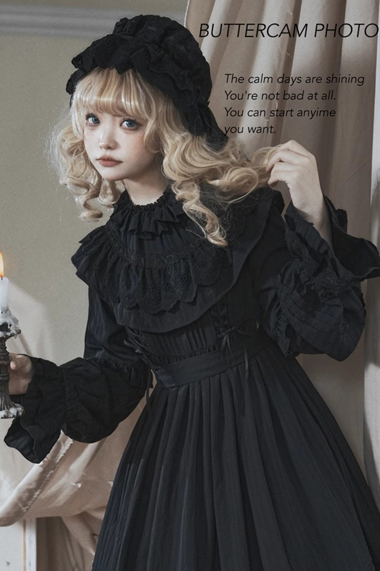 Black [Good Night] Long Sleeves Double-Layered Ruffle Bowknot Lace-Up Holy Gothic Lolita Dress