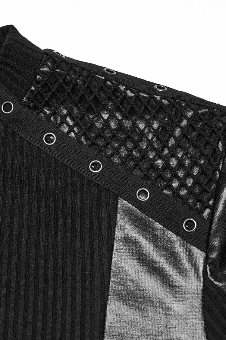 Black Round Collar Long Sleeves Spliced Eyelet Men's Punk T-Shirt