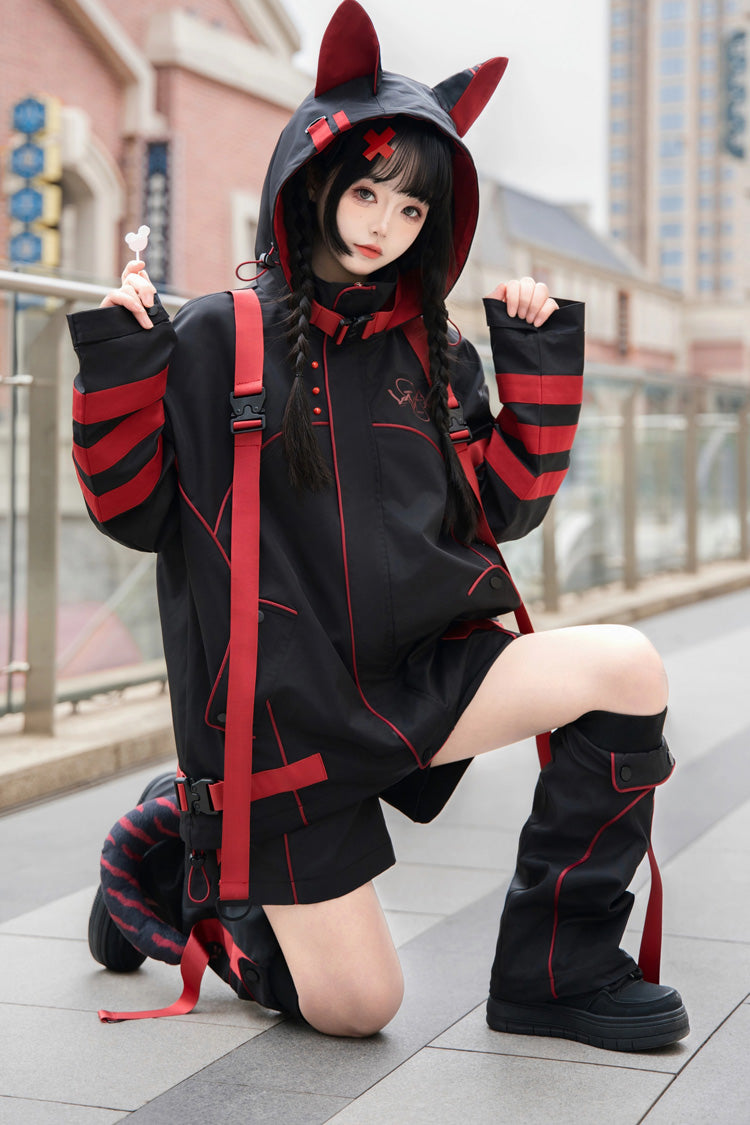 Black/Red Long Sleeves Print Cat Ears Hooded Jirai Kei Handsome Coat
