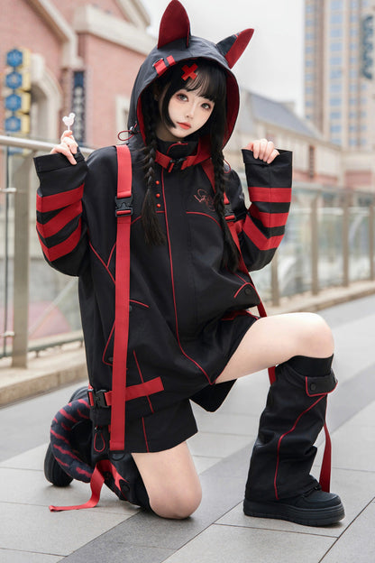 Black/Red Long Sleeves Print Cat Ears Hooded Jirai Kei Handsome Coat