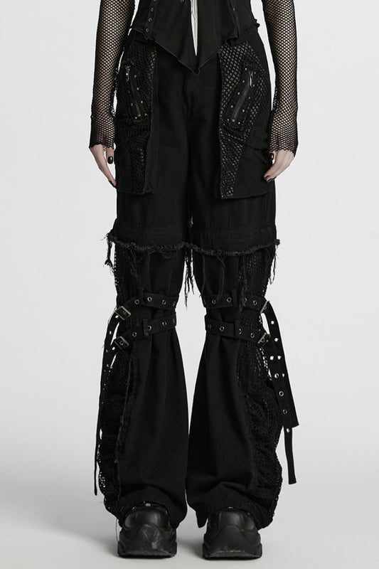 Black Stitching Mesh Unedged Detachable Women's Punk Pants