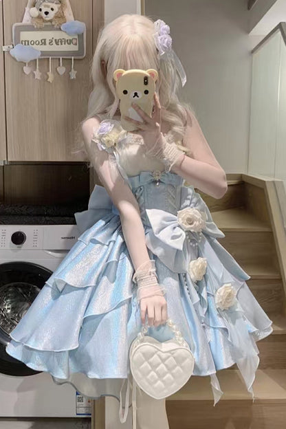 Blue [Rose Heart Knot] Ruffle Hanayome Bowknot Sweet Princess Gorgeous Lolita Jsk Dress