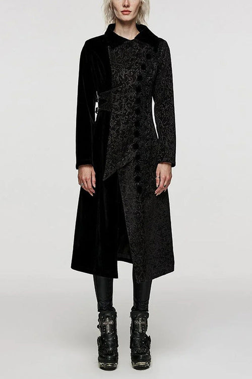 Black Stand Collar Jacquard Print Stitching Womens Gothic Coat