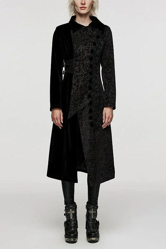 Black Stand Collar Jacquard Print Stitching Womens Gothic Coat