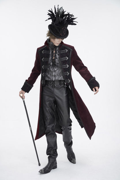 Red Stand Collar Long Sleeves Embroidery Slim Men's Gothic Coat