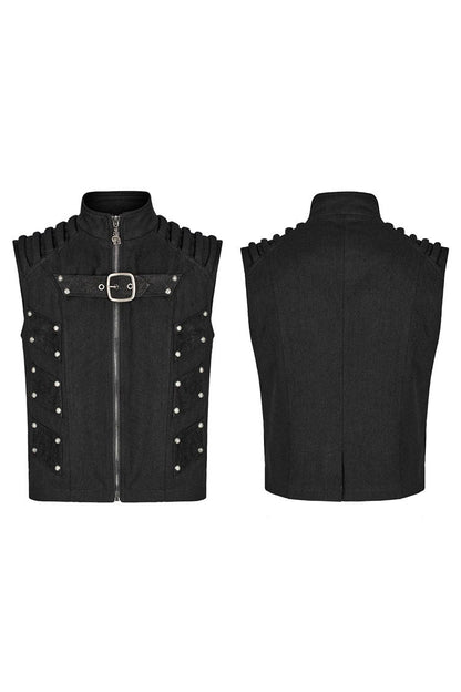 Black Stand Collar Sleeveless Stitching Buckle Decoration Mens Steampunk Vest
