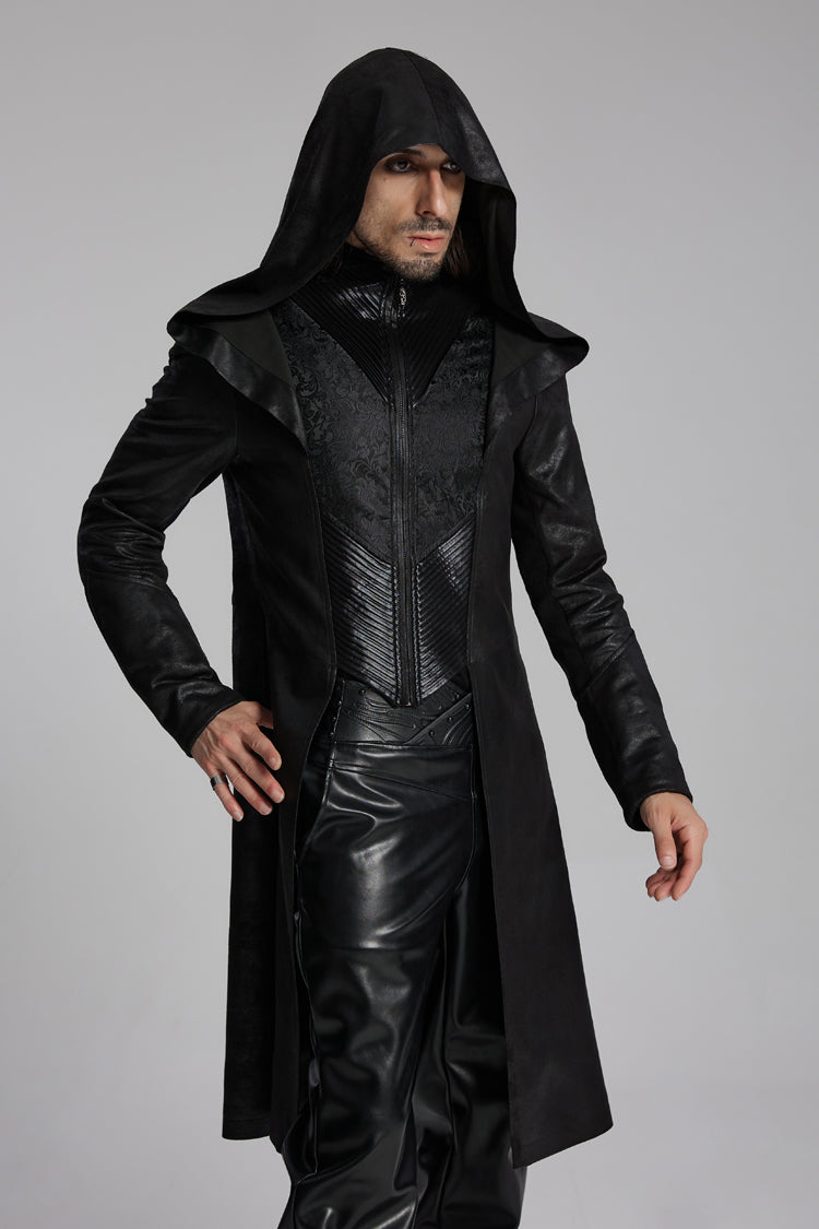 Black Zip Pleated Hooded Men's Gothic Jacket
