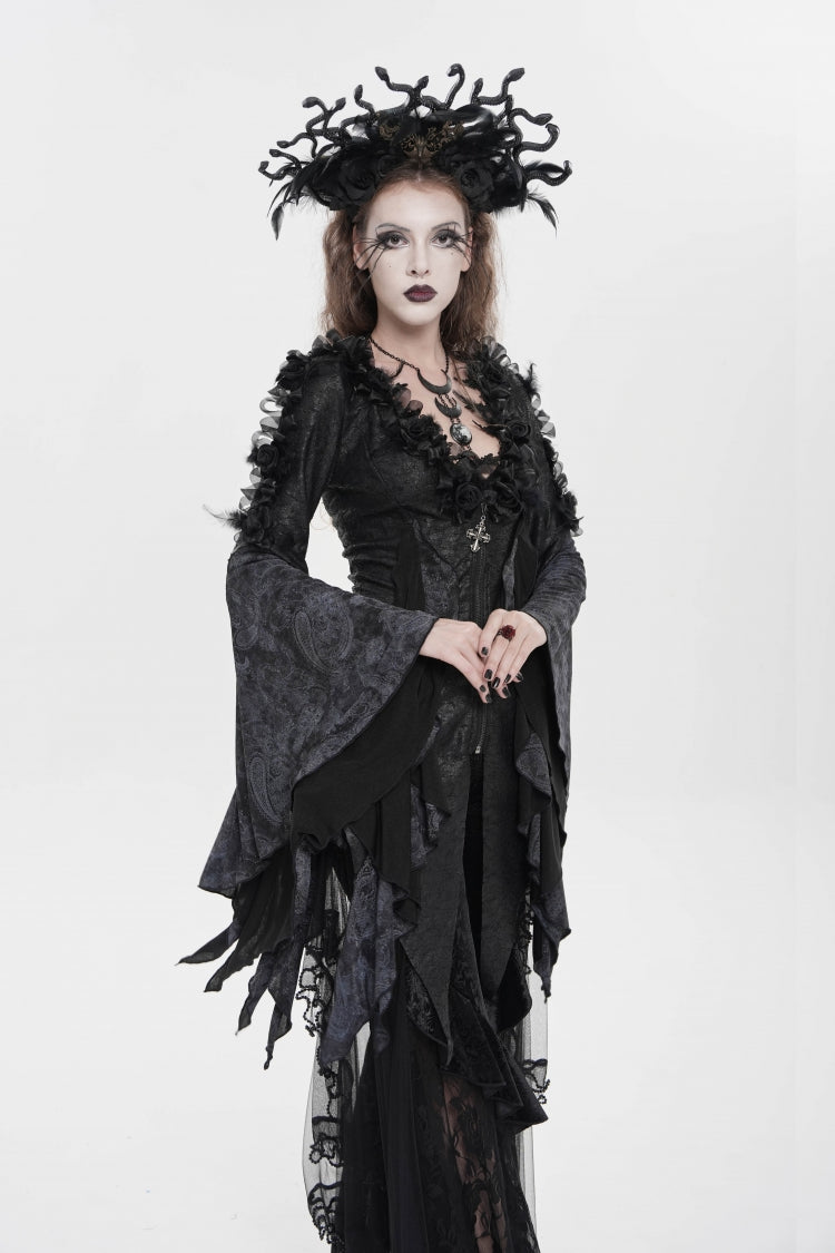 Black V Collar Long Trumpet Sleeves Printed Slim Women's Gothic Rose Feather Gorgeous Blouse