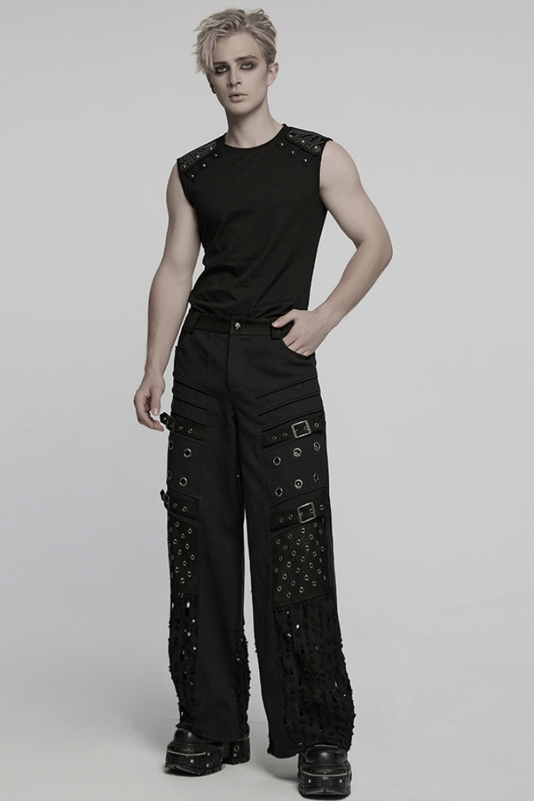 Black Round Collar Sleeveless Studded Stitching Shoulder Patched Men's Punk Vest