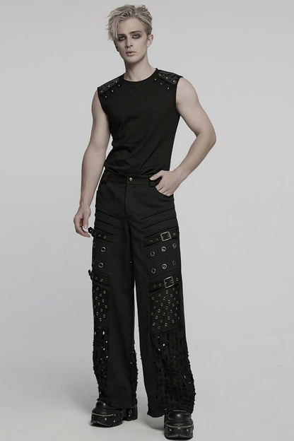 Black Round Collar Sleeveless Studded Stitching Shoulder Patched Men's Punk Vest