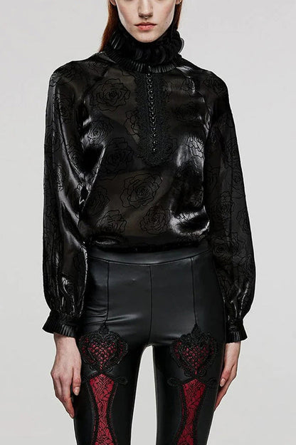 Black Stand Collar Long Lantern Sleeves Rose Print Hook-Button Womens Gothic Blouse