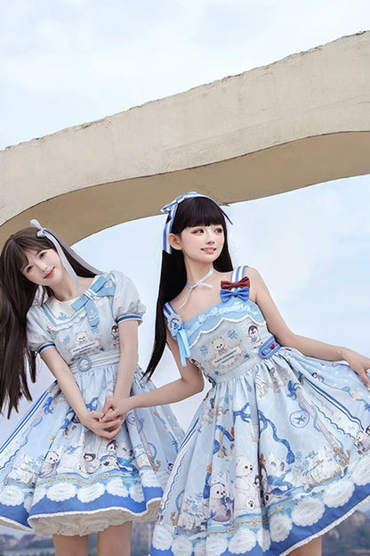 Blue [Penguin Navy] Short Sleeves Print Ruffle Bowknot Sweet Princess Lolita Dress