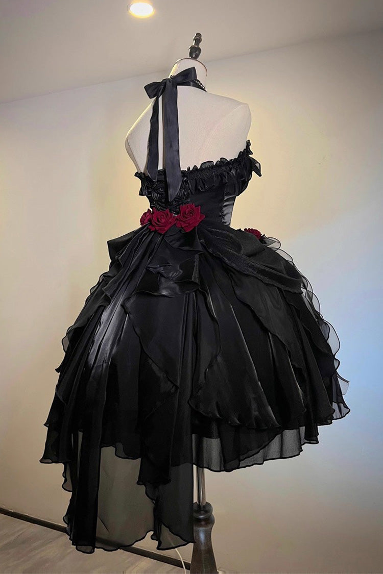 Black [Cindy Rose] Halterneck Sleeveless Ruffle Bowknot Gothic Elegant Lolita Jsk Dress