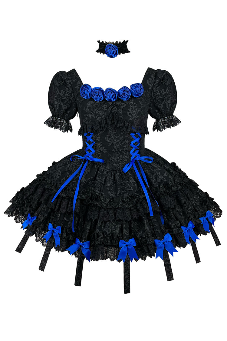 Black/Blue Puff Short Sleeves Princess Gothic Lolita Tiered Dress