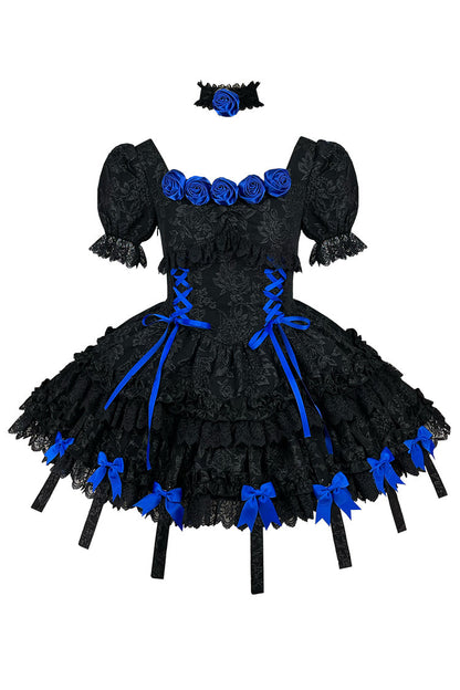 Black/Blue Puff Short Sleeves Princess Gothic Lolita Tiered Dress