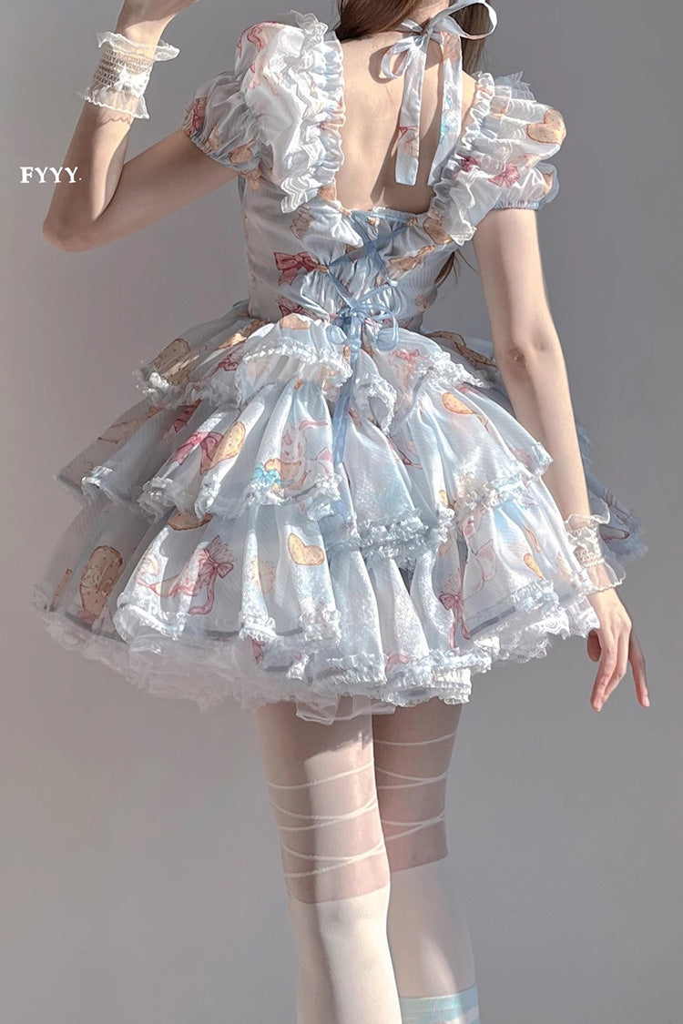 Blue Short Sleeves Multi-layer Cookie Bunny Print Bowknot Sweet Lolita Dress