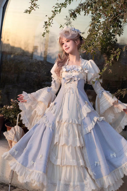 Blue [Letter Paper] Sleeveless Double-Layered Printed Ruffled Open-Front Bow Lace-Up Sweet Lolita Jsk Dress (Long Version)