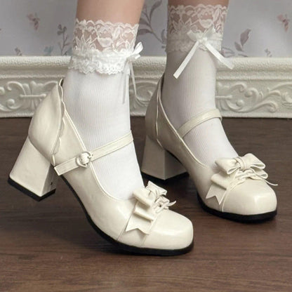Bowknot Square Toe Sweet College Style Lolita High Heels Shoes 3 Colors