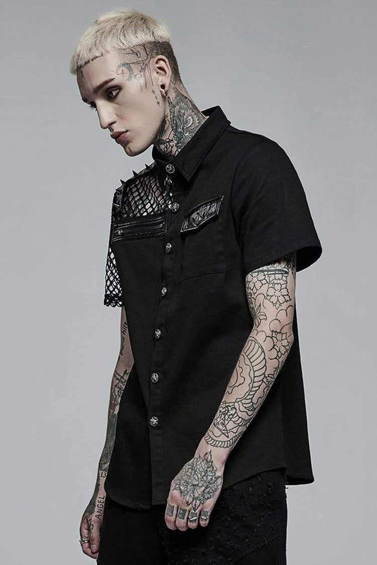 Black Punk Elastic Cotton Twill Fabric Spliced Diamond Mesh Asymmetrical Personality Short Sleeve Men's Shirt