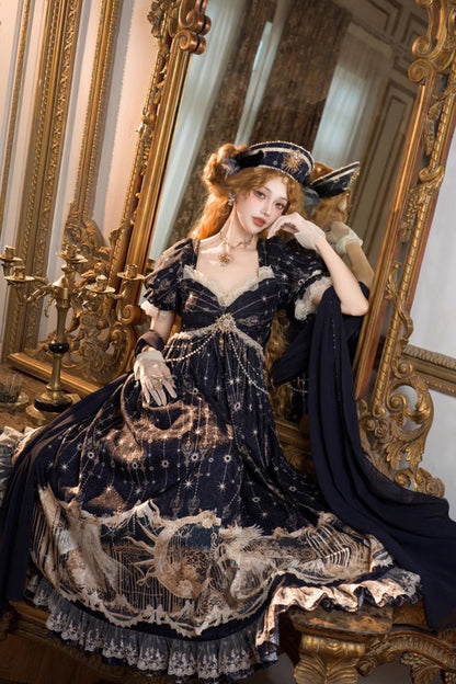 Blue [Unicorn] V Collar Short Sleeves Empire Motif Print Embroidery Bowknot Lace Sweet Elegant Lolita Dress