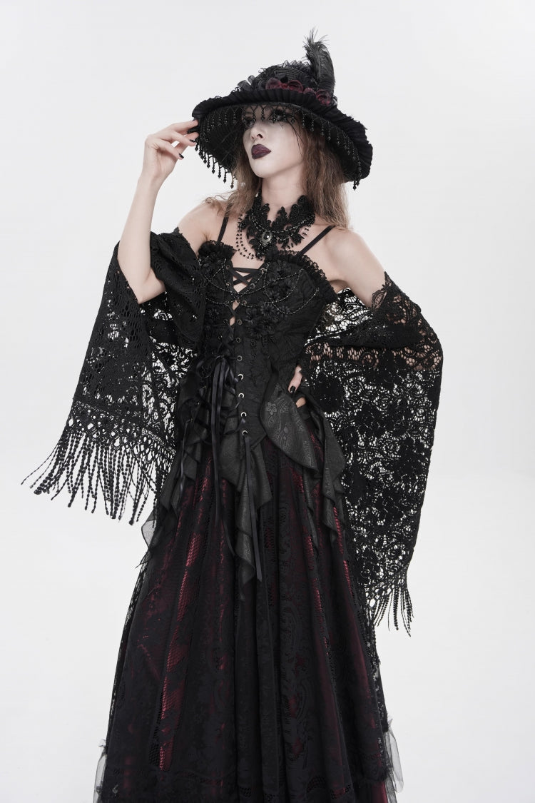 Black Ruffled Lace Lace-Up Slim Women's Gothic Overbust Corset