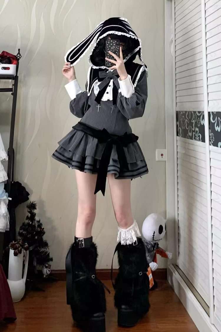 Black [Bizarre Rabbit Opera] Navy Collar Long Sleeves Print Ruffle Bowknot Gothic Lolita Dress